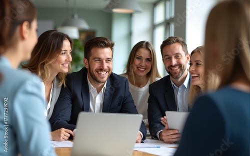 Happy friendly business team having fun at corporate training. High quality