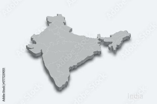India 3d map with borders regions
