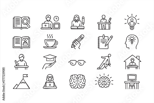 Black and white education and study line icons for academic and e-learning design