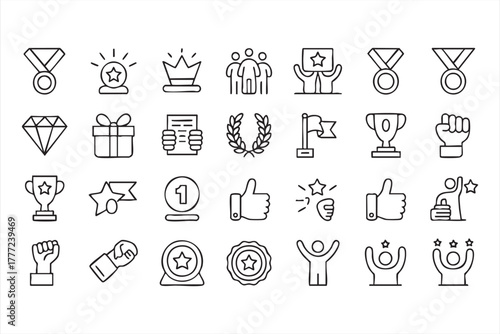 Black and white achievement and success line icons for business and corporate design