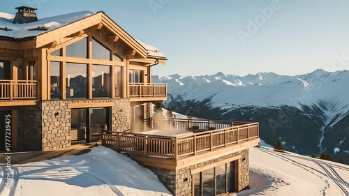 Luxury chalet with hot tub steams in snowy mountain landscape. Alpine views, winter escape, vacation rental, luxury living, retreat, ski resort, snow scene, relaxation, architecture.