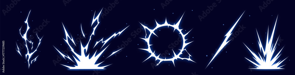 Manga thunder effect background set shows cartoon power energy sparks with comic lightning burst. Manga thunder bg collection works for anime flash, game vfx, electric strike or action design.