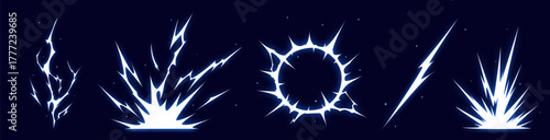 Manga thunder effect background set shows cartoon power energy sparks with comic lightning burst. Manga thunder bg collection works for anime flash, game vfx, electric strike or action design.