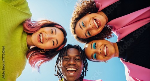 Four diverse friends smiling together outdoors in natural light. A low angle shot full of joy and camaraderie. Connection, friendship goals, happy lifestyle.