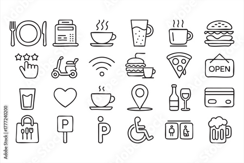Black and white restaurant and café line icons for food and beverage design