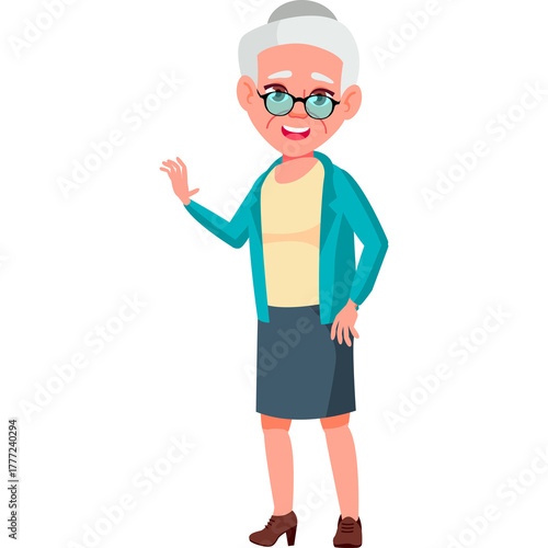 Elderly Woman With Gray Hair And Glasses Waving Hello Wearing A Teal Cardigan Over A Beige Top And A Gray Skirt With Brown Shoes In A Studio Setting