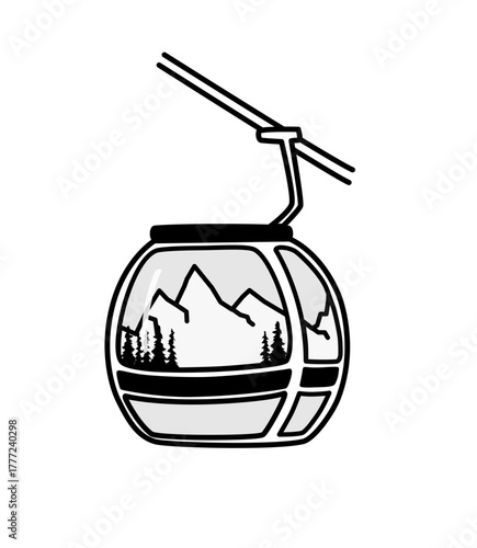 Minimalist vector illustration of a cable car gondola with mountain and pine landscape inside. Perfect for ski resort design, winter sports posters, travel flyers, adventure badges, tourism branding