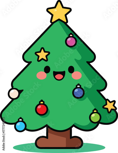 Kawaii style Christmas trees with faces, decorations, and stars on top, cute and cheerfu