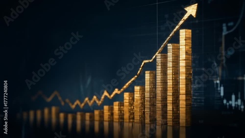 Row of gleaming gold bars climbs upward beside a sharp arrow on a dark, data-driven chart of growth
