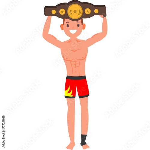 Fit Muscular Man Holding Championship Belt Over Head Showing Victory and Success with Red Shorts and Bare Chest and Feet