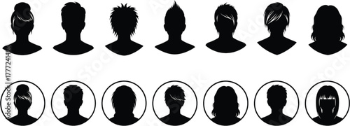 Silhouette Styles: A graphic collection of diverse silhouette portraits showcasing unique hairstyles. Perfect for design projects emphasizing individuality and style.