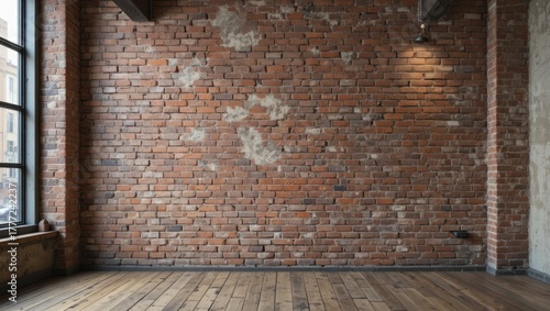 Exposed Brick Wall with Distressed Texture in an Industrial Style Room with Warm Lighting