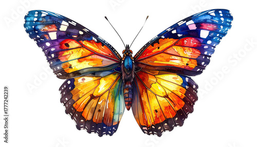 Vivid butterfly with watercolor wings; blues, oranges, yellows