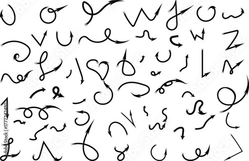 Assorted hand drawn arrows point direction in various shapes on a white backdrop