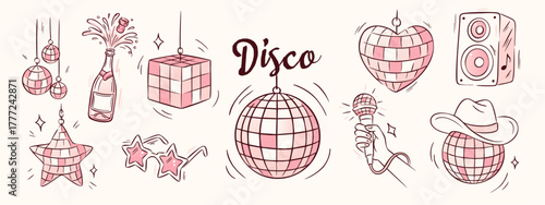 A disco ball cowgirl pink vector illustration set with a hat, microphone and champagne drawn in a whimsical coquette style. A cowgirl disco set for a bachelorette party, retro western dance aesthetic.