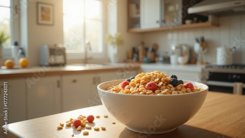 Bowl of Colorful Granola and Berries on Wooden Table in Sunlit Kitchen during Morning