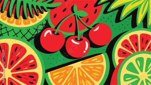 Various Fresh Fruits Rich in Vitamins Illustrator Artwork Banner Background Design Template 