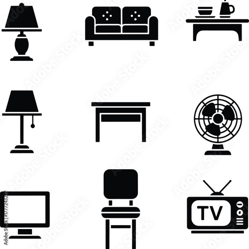 Black silhouette icons of furniture and home appliances on white background lamp