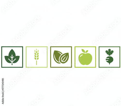A vibrant collection of green-themed icons representing healthy and natural plant-based food ingredients, symbolizing organic nutrition and wellness from earth's bounty
