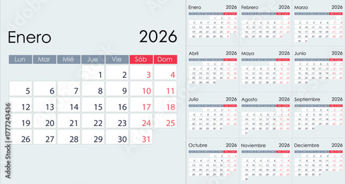 Clean Minimalist 2026 Yearly Calendar Grid Layout, on Spanish language