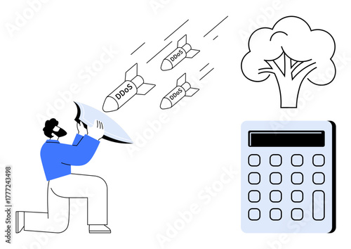 Man with shield blocking DDoS attacks represented as missiles near a tree and calculator. Ideal for cybersecurity, IT defense, internet safety, DDoS prevention, digital protection, impact analysis
