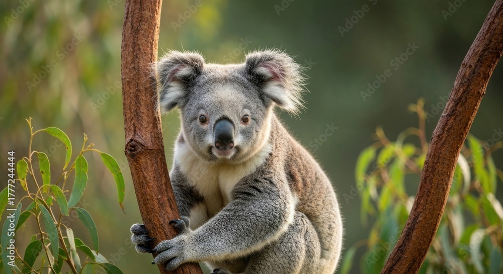 Fototapeta premium Close-up of a koala in a eucalyptus tree. A grey and white koala sits perched on a branch, looking directly at the camera. Soft sunlight bathes the scene