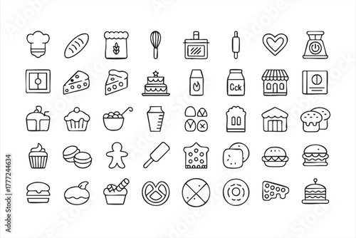 Food and dessert outline icon collection featuring cupcakes, donuts, and sweets