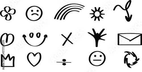 Abstract hand drawn elements punk graffiti doodles and swirls of different shapes, Smileys crown stars arrows and various symbols drawn with chalk or pencil, Vector elements isolated 