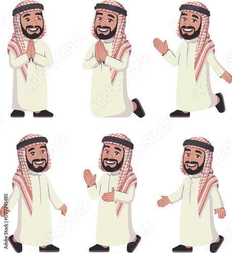 Arabian Man Cartoon Character Set  Traditional Clothing and Cultural Expressions