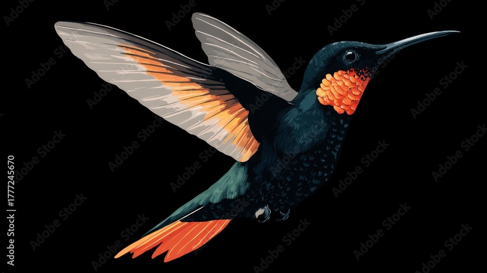 Obraz premium A delicate hummingbird glides through the air showcasing its bright feathers and fine details.