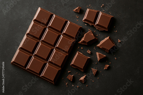 Indulge in rich dark chocolate bar with delicious broken pieces