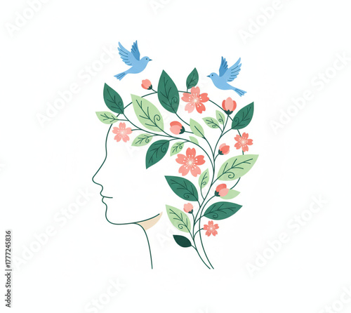 Stylized illustration of a woman's profile, adorned with blooming flowers, green leaves, and flying blue birds, symbolizing nature, inner peace, and personal growth