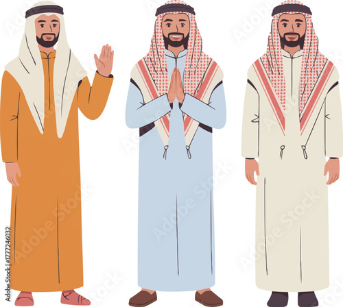 Arabian Man Cartoon Character Set  Traditional Clothing and Cultural Expressions