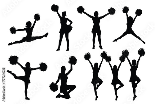 Set of Cheerleader Silhouettes in Various Poses with Pom-Poms