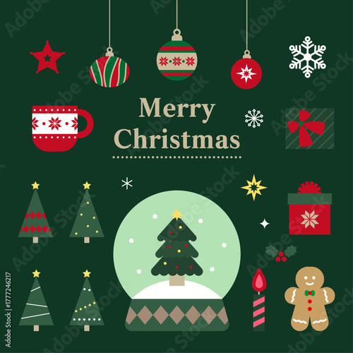 크리스마스 벡터 일러스트레이션, 오너먼트, 선물, 스노우볼, 양말, 트리, 눈꽃