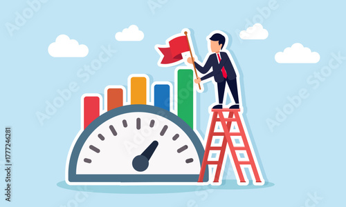 Businessman climbing a ladder to plant a flag on a chart near a speedometer illustration of completing business performance calculation