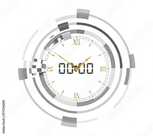 Digital Clock Face Design Modern Timekeeping Concept with Numeric Display, Roman Numerals, and Abstract Elements