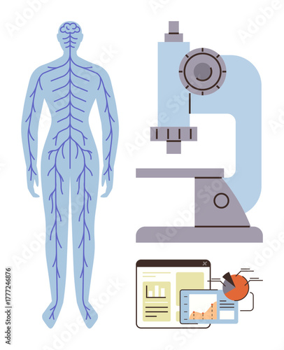 Human nervous system anatomy, laboratory microscope, and screens with graphical data analysis. Ideal for education, science, healthcare, biology, anatomy research medical studies. Simple flat