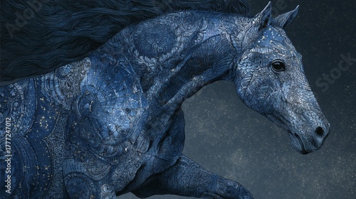 Majestic Horse with Intricate Blue Patterns in Motion and Elegance