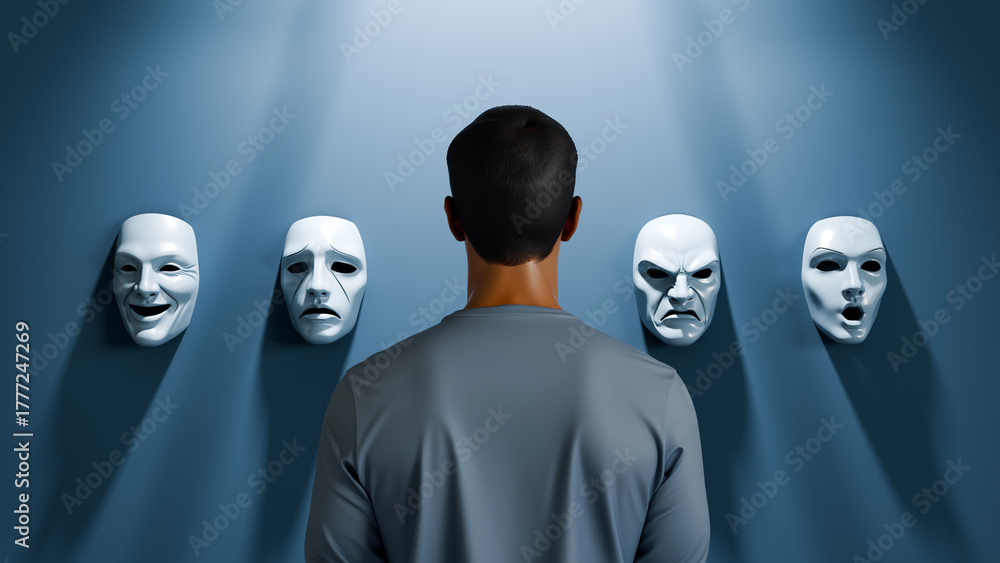 Man facing a wall of expressive masks, concept of identity, emotions ...
