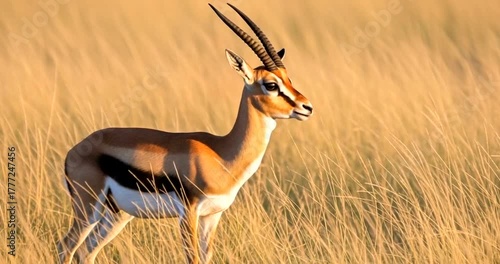Thomsons gazelle standing in a field of tall grass in the serengeti