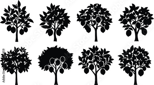 Black fruit tree silhouette icons, orchard vector set, botanical nature design, eco friendly illustration pack, abstract forest graphic, isolated plants