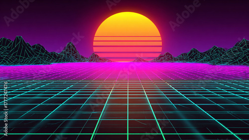 Retro 80s vaporwave wallpaper, neon grids and synthwave colors