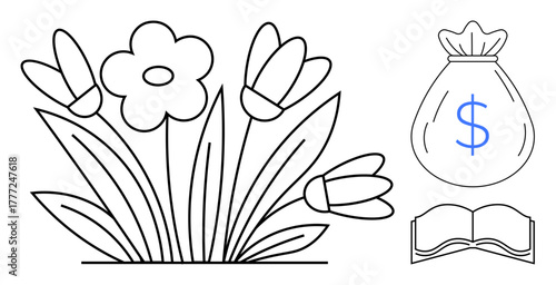 Flowers grow among leaves, next to a money bag with a dollar sign and an open book. Ideal for nature, financial growth, learning, knowledge, prosperity, investment and sustainability. Clean