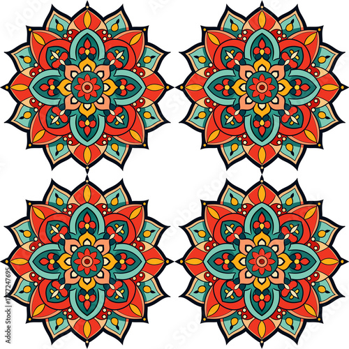 Set of four seamless floral vector patterns with snowflake and mandala design elements