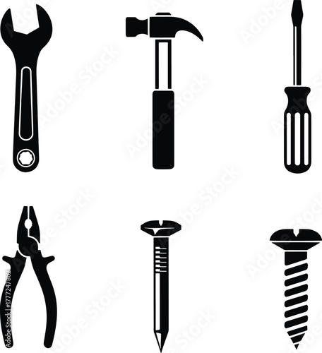 Black silhouette icons of wrench hammer screwdriver pliers nail and screw vector