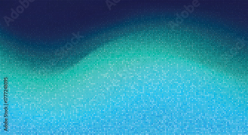 Blue halftone gradient background with scattered aqua pixel dot pattern