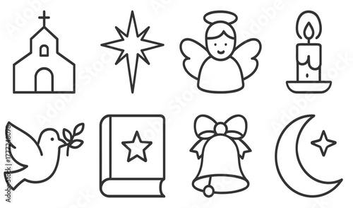 Elegant Faith and Tradition Outline Vector Icons Set with Church Angel Dove Star and Candle Cross