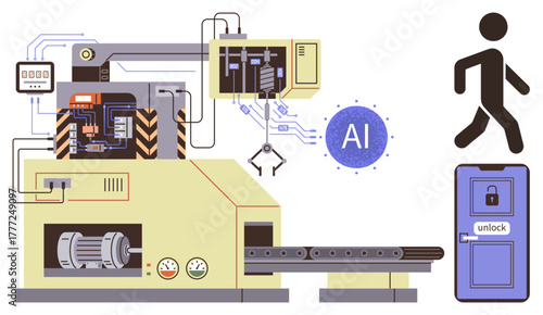 Industrial robotic arm integrated with AI technology automates tasks, conveying a smart factory setup. Includes human figure approaching a secure door unlocking system. Ideal for automation