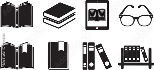 Collection of black reading objects including open books ebooks and eyeglasses closed book